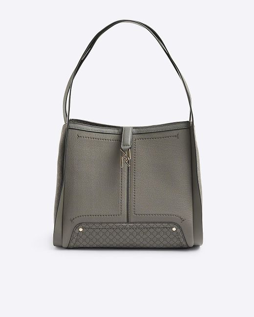 River Island Gray Suedette Embossed Ri Monogram Tote Bag