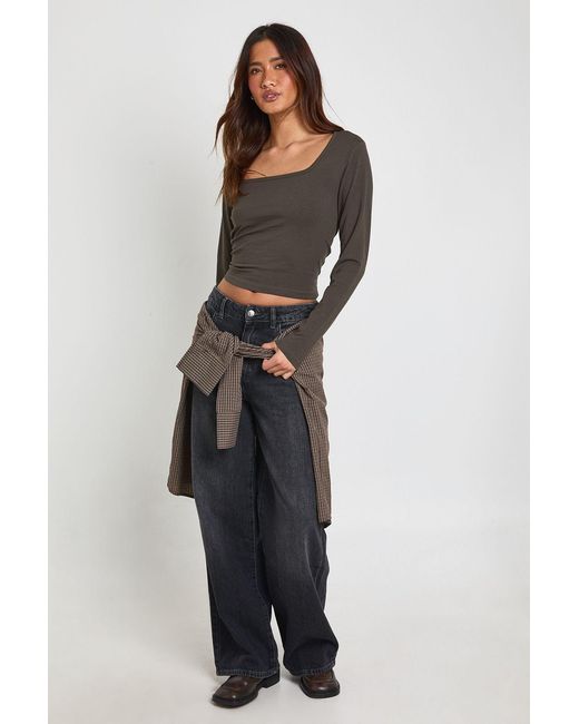 Boohoo Gray Basic Square Neck Long Sleeve Top