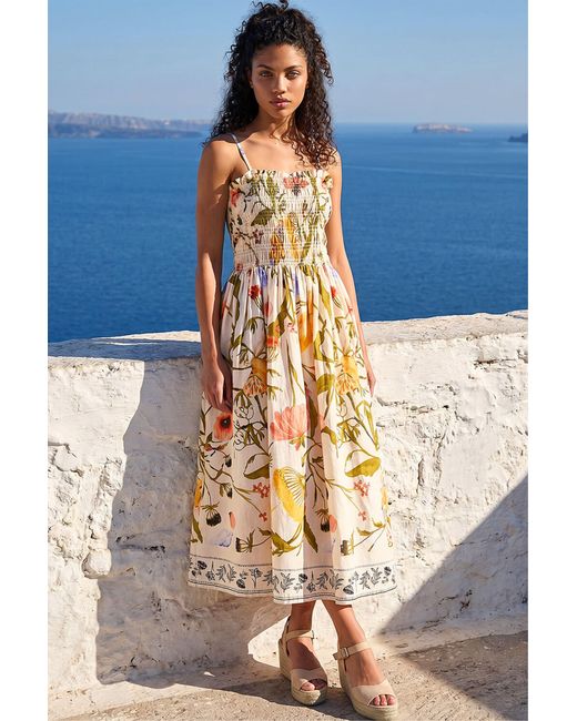 Roman Blue Petite Floral Print Shirred Midi Dress