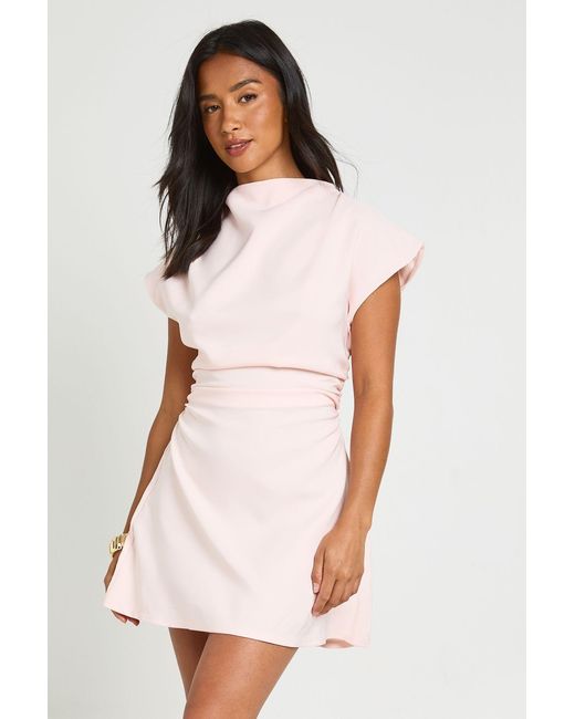 Boohoo White Petite Ruched High Neck Cap Sleeve Shift Dress