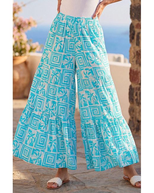 Roman Blue Palm Tile Print Tiered Palazzo Trouser