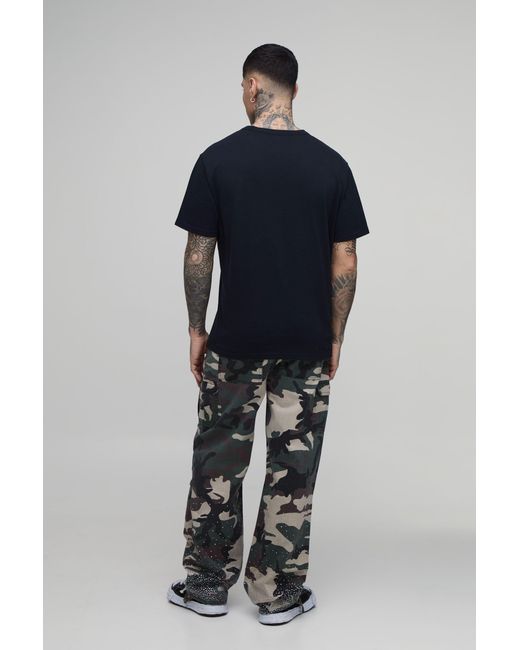 BoohooMAN Black Tall Relaxed Cluster Rhinestone Camo Cargo Trousers for men