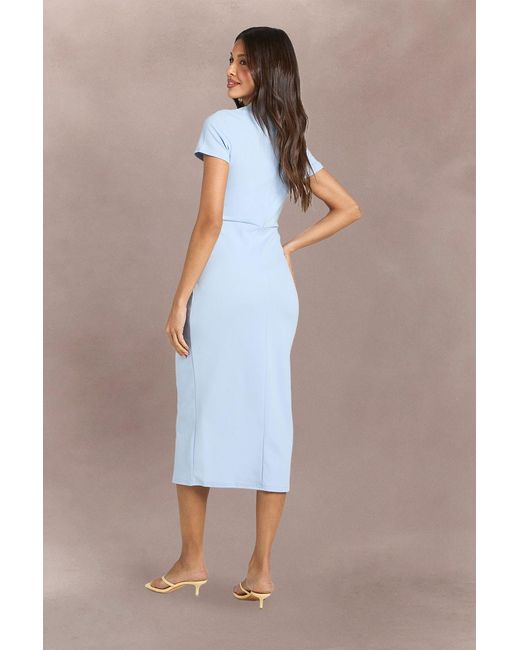 Boohoo Blue Crepe High Neck Pocket Detail Midi Dress
