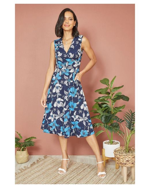 Mela London Blue Floral Print Stretch Wrap Over Midi Dress With Pockets