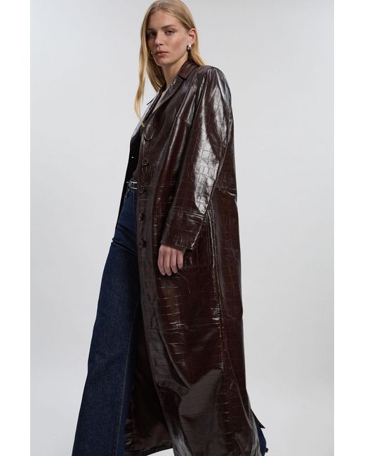 Karen Millen Blue High Shine Croc Embossed Leather Belted Trench Coat