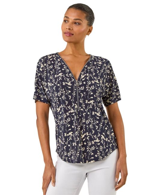 Roman Black Floral Puff Print Zip Front Top