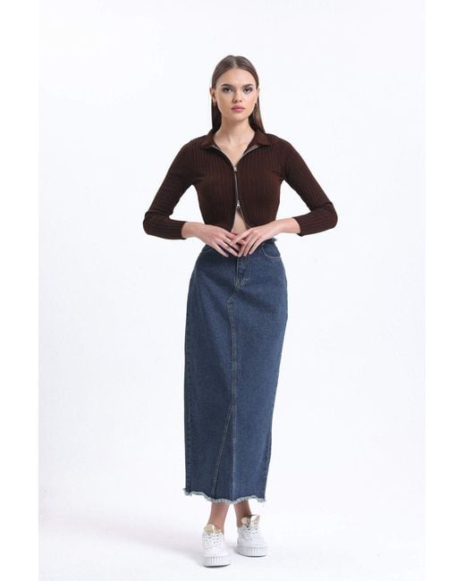 Hiccup Blue Mid Rise Maxi Skirt With A Seamless Hem And Belt