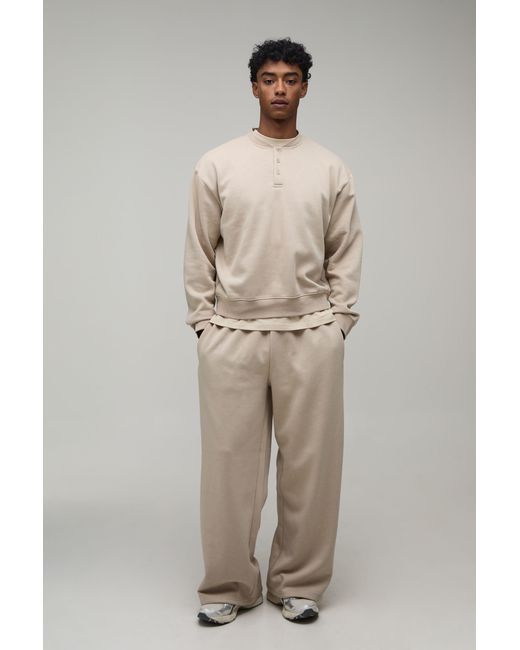 BoohooMAN Natural Overiszed Boxy Henley Sweatshirt And Wide Leg Jogger for men