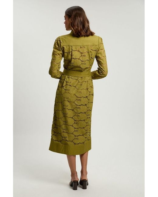 Karen Millen Green Cutwork Cotton Collared Woven Shirt Dress