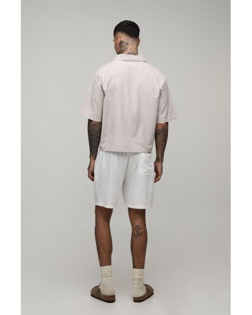 BoohooMAN Gray Tall Oversized Boxy Poplin Stripe V-Neck Polo for men