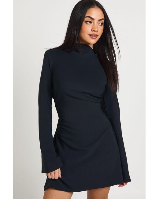 Boohoo Blue Long Sleeve Ruched High Neck Shift Dress