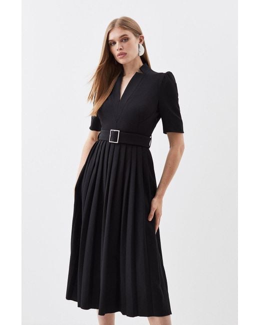 Karen Millen Black Tailored Structured Crepe Forever Pleat Belted Midi Dress