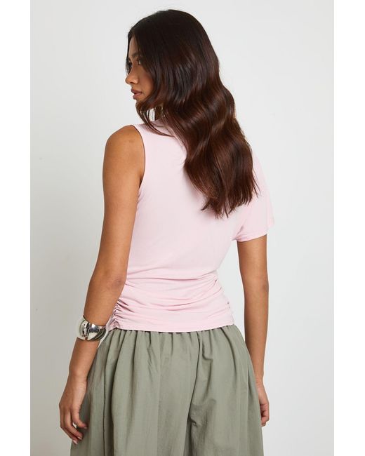 Boohoo Pink Ruched High Neck One Sleeve Top