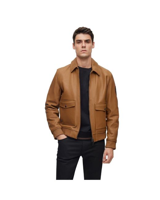 Boss Brown Mylen Solid Patterned Ribbed Cuff Bomber Jacket for men