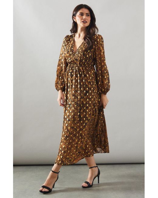 Wallis Brown Print Blouson Sleeve Metallic Midi Dress