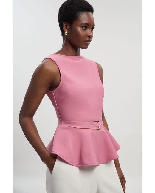 Karen Millen Pink Figure Form Bandage Peplum Belted Knit Top