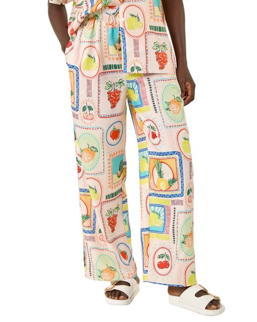 Roman White Fruit Print Tie Waist Stretch Trouser
