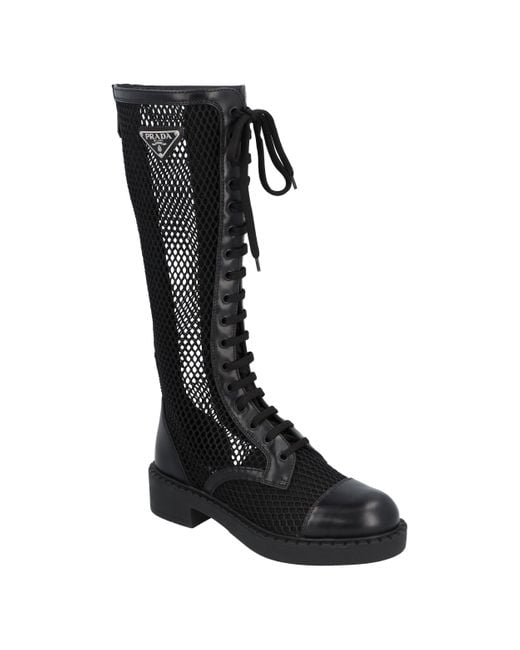 Prada Black Logo Mesh & Leather Knee-High Boot
