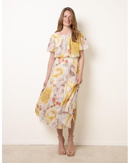 Blue Vanilla Natural Pleated Scoop Neck Short Sleeve Floral Dress