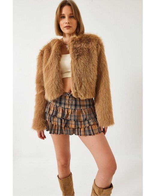 Bianco Lucci Brown Boxy Crop Faux Fur Coat