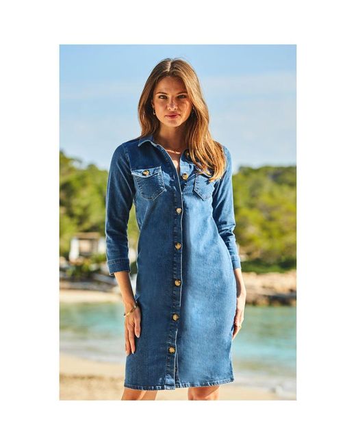 Sosandar Mid Blue Denim Button Front Shift Dress Cotton | Lyst UK
