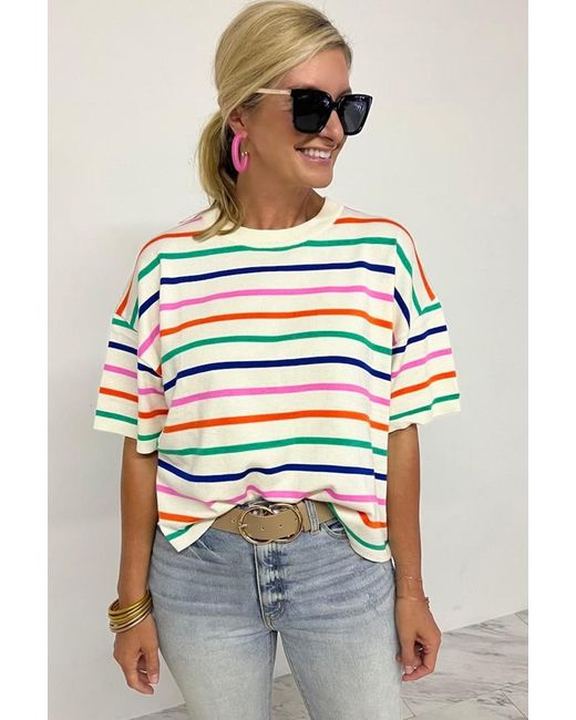 Everyday the Label Gray Striped Knit Short Sleeve Pullover