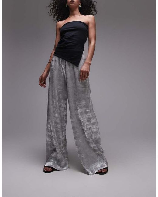 TOPSHOP Gray Foil Print Plisse Trouser