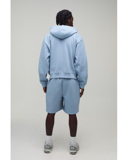 BoohooMAN Blue Heavyweight Embroidered Cropped Boxy Zip Through Hoodie for men