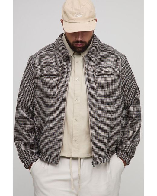 BoohooMAN Gray Plus Check Boxy Regular Fit Harrington Jacket for men