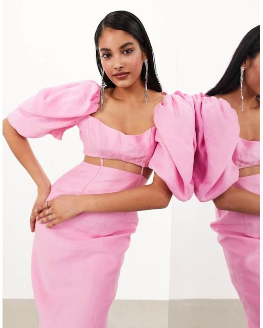 ASOS Pink Washed Puff Sleeve Midaxi Dress With Cut Out Waist Detail