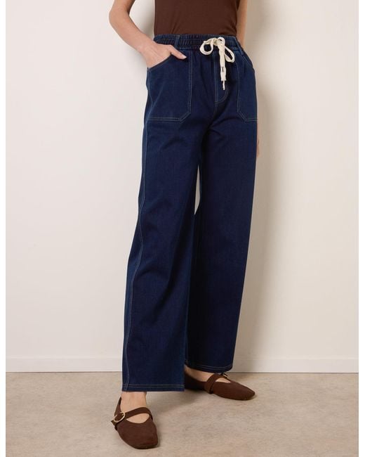 Blue Vanilla Natural Contrast Drawstring Waist Wide Leg Trousers
