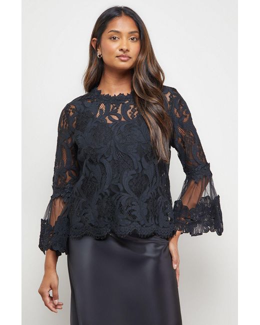 Oasis Blue Lace Scalloped Trim Flared Sleeve Blouse