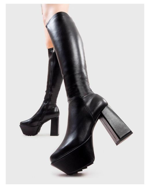 Lamoda Black Knee High Boots Wish Me Dead Square Toe Platform Heels With Zipper