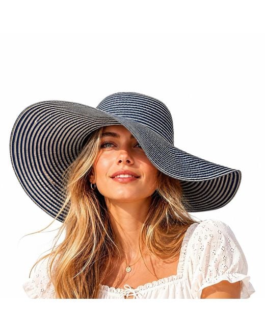 Woodland Leathers Blue Ladies Extra Wide Brim Striped Sun Hat Foldable Summer Beach Hat