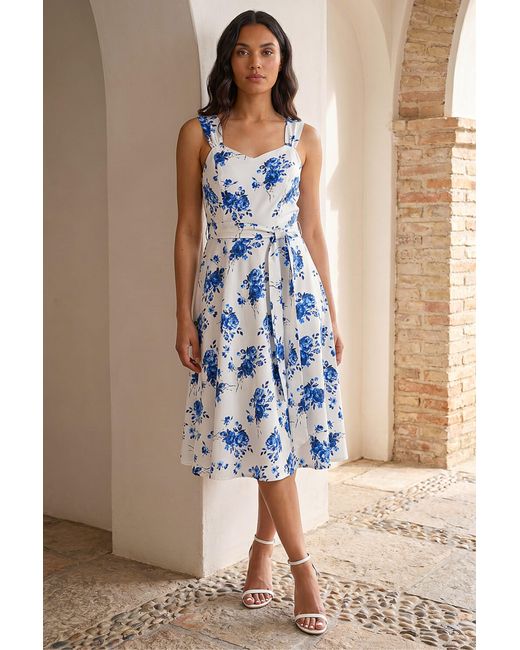 Roman Blue Floral Tie Waist Midi Dress