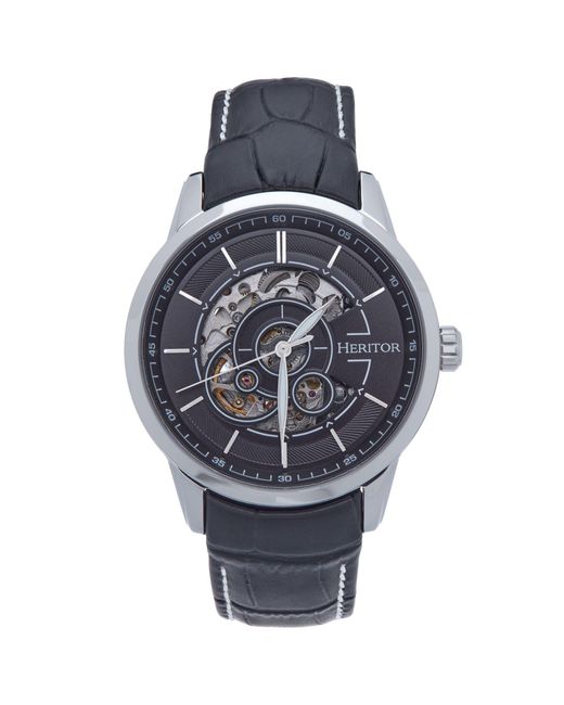 Heritor Metallic Davies Semi-Skeleton Leather-Band Watch for men
