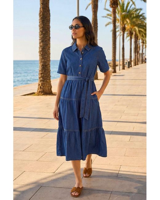 Roman Blue Button Detail Tiered Midi Dress