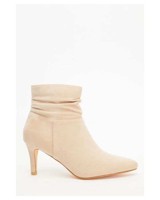 Quiz Natural Cream Faux Suede Ruched Heeled Ankle Boots