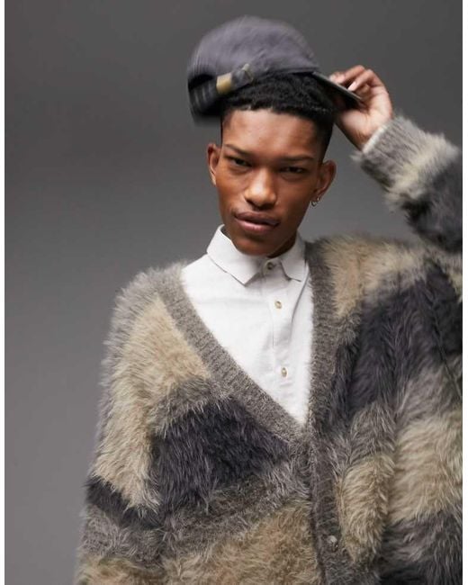 Topman Gray Extreme Fluffy Stripe Cardigan for men