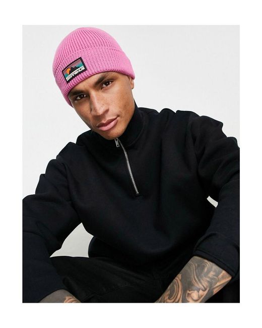 ASOS Black Fisherman Ribbed Beanie With Rubber Logo for men