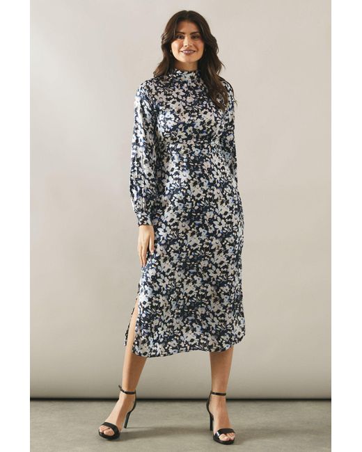 Wallis Blue Floral Print High Neck Satin Midi Dress