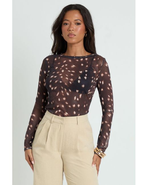 Boohoo Brown Deer Print Mesh Long Sleeve Top