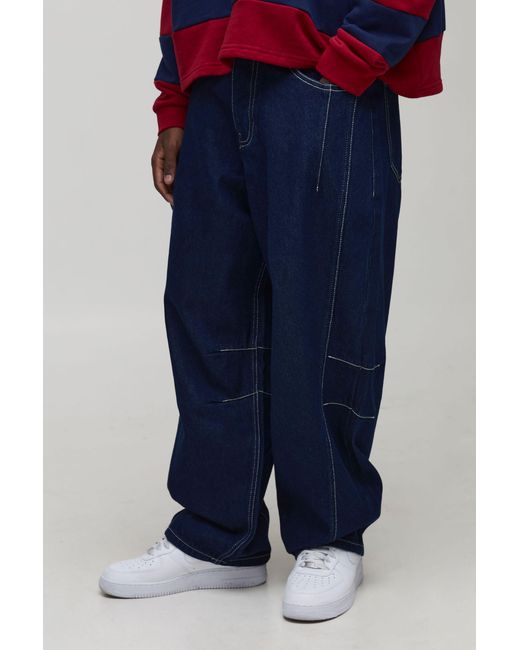 BoohooMAN Blue Balloon Fit Washed Contrast Stitch Jeans for men