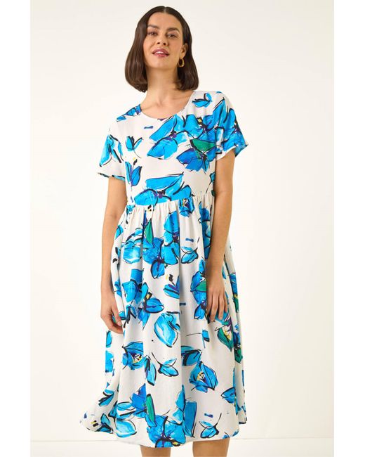 Roman Blue Floral Smock Midi Dress