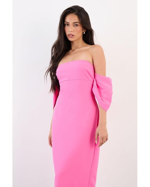 Warehouse Pink Stretch Crepe Bardot Column Midi Dress