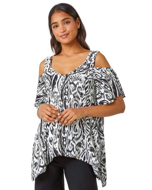 Roman Gray Aztec Cold Shoulder Hanky Hem Top