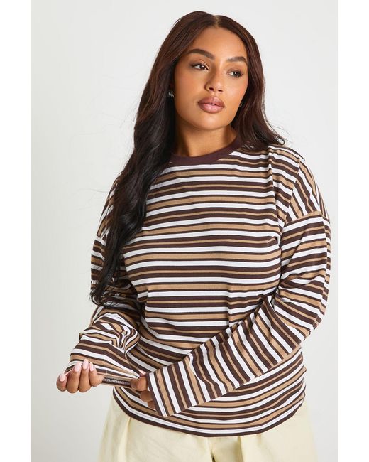 Boohoo Brown Plus Crew Neck Long Sleeve T Shirt