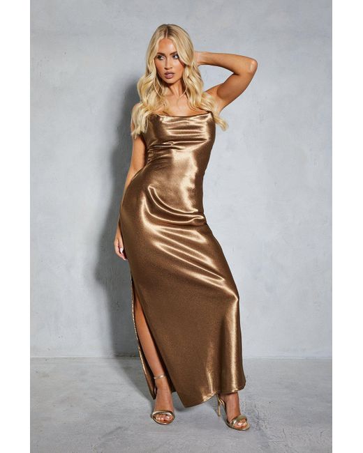 MissPap Multicolor Metallic Satin Cowl Neck Split Leg Maxi Dress