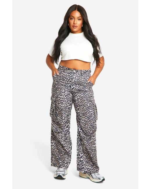 Boohoo Gray Plus Washed Leopard Cargo Trouser