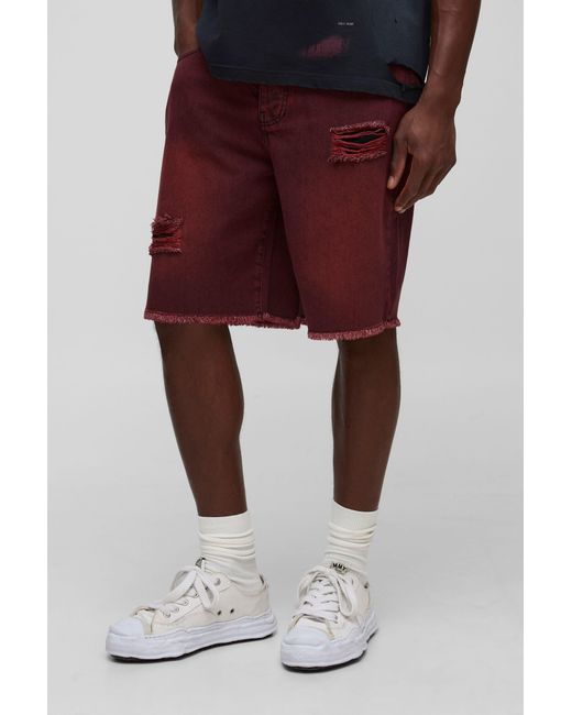 BoohooMAN Red Relaxed Fit Ripped Tinted Jean Shorts for men